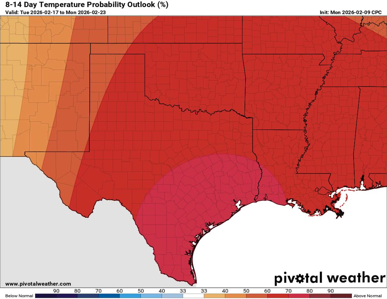 This map of Texas shows where the Climate Prediction Center expects above normal warmth (red) to be found through Feb. 23.