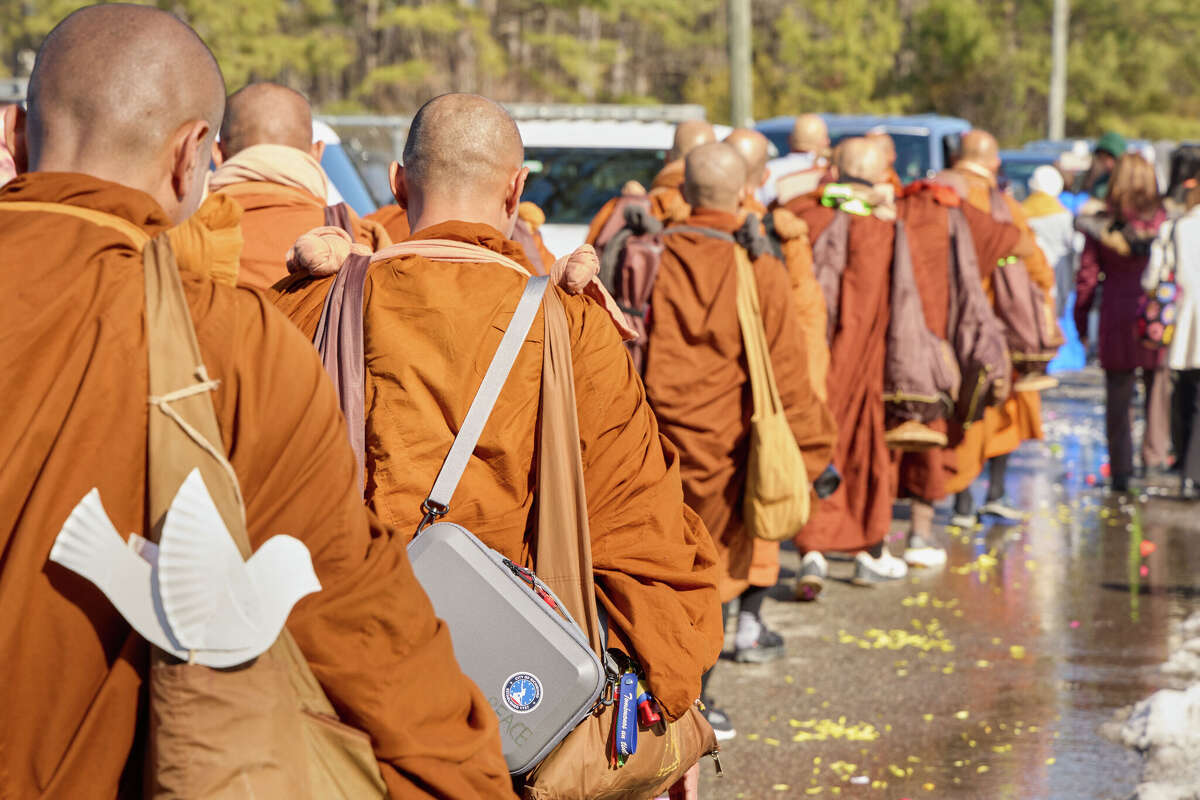 Buddhist monks participate in a 'Walk for Peace' in Glen Allen, Virginia, on February 3, 2026. The group is walking from Fort Worth, Texas, to Washington, DC to promote peace, compassion and nonviolence. 