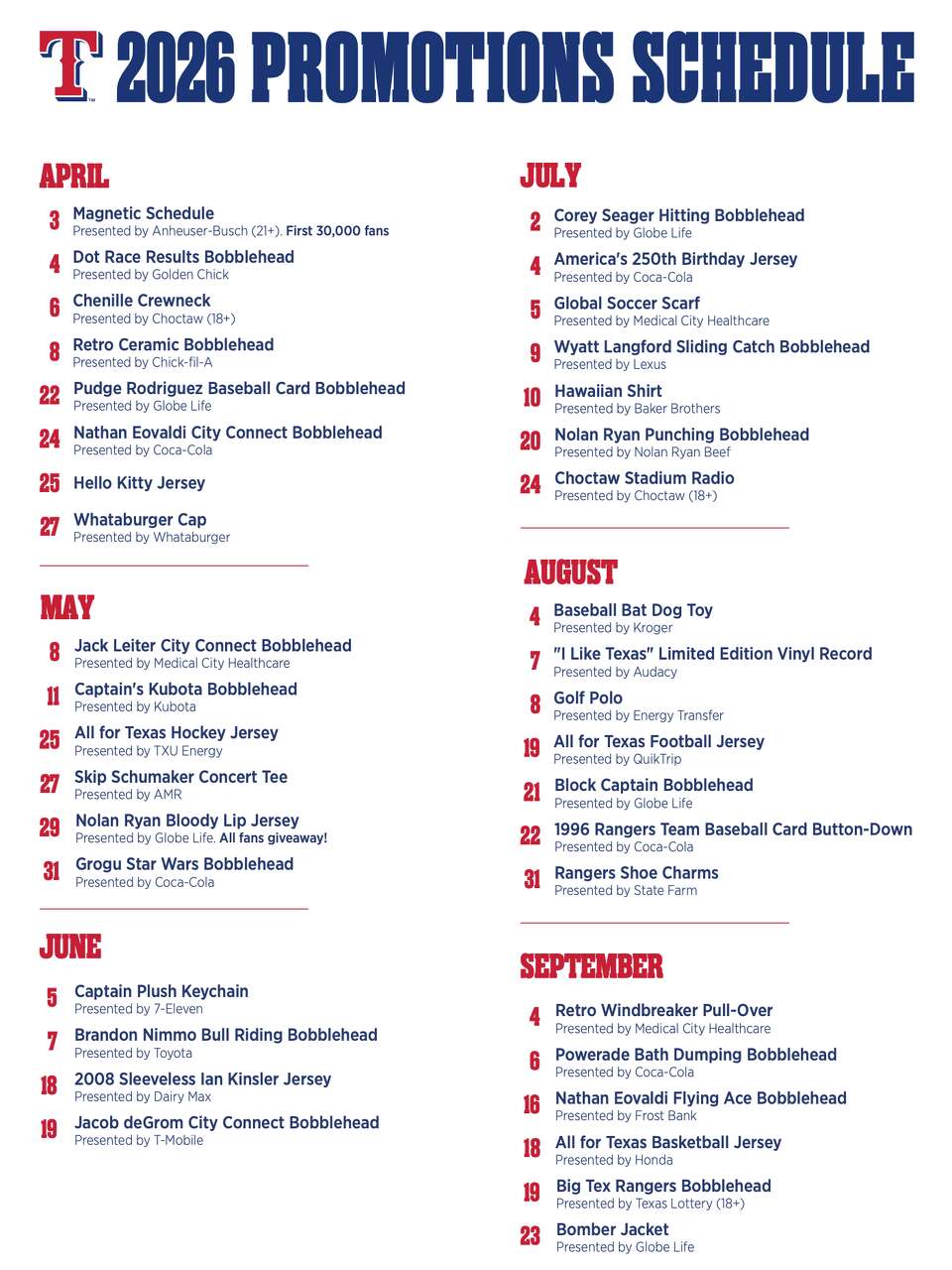 Texas Rangers release 2026 promotional schedule Bobbleheads and more