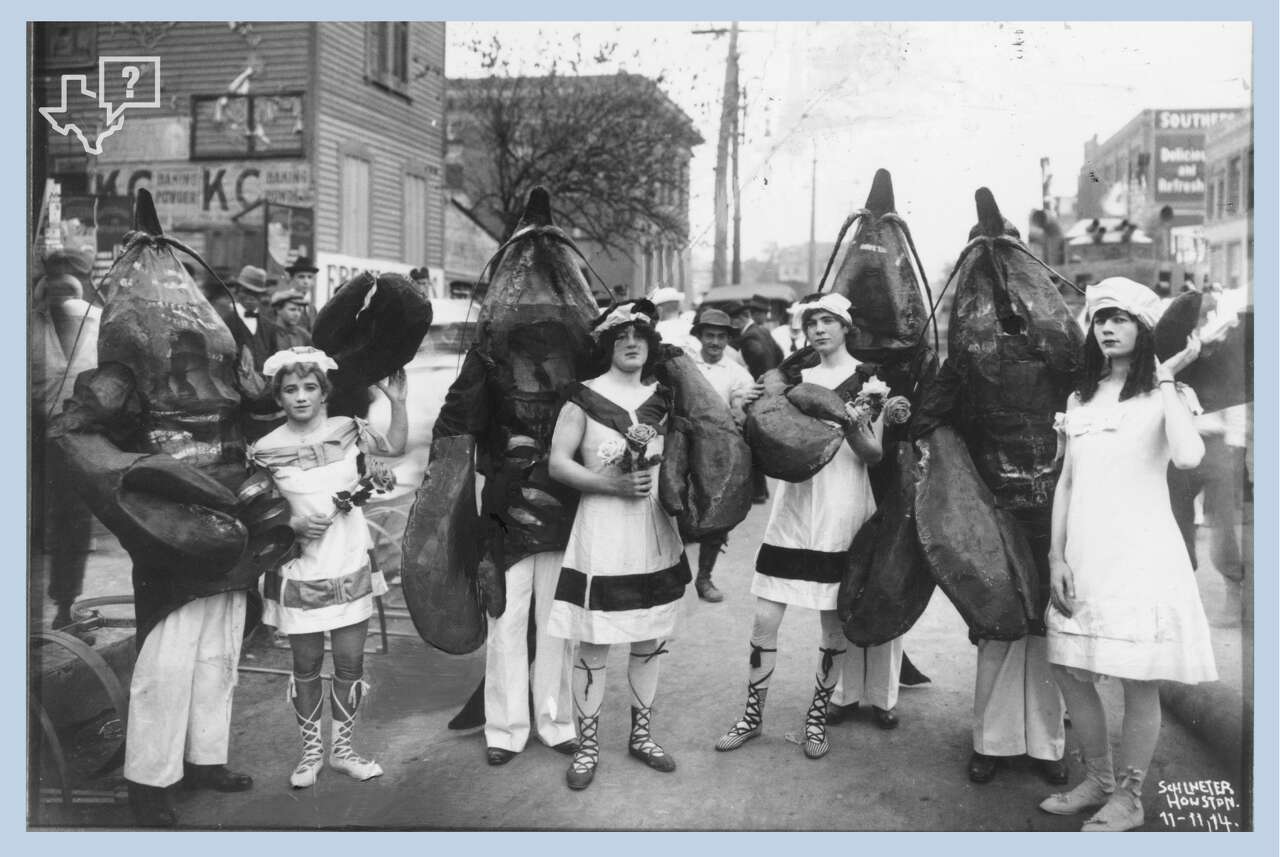 Houstonians wear costumes for the Notsuoh (Houston spelled backwards) celebration in the early 1900s. The annual event, designed to rival Mardi Gras, didn't last past World War I