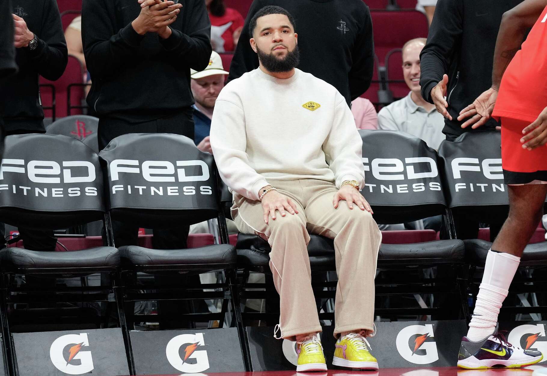 Houston Rockets guard Fred Vanvleet (5) sits on the bench before the Rockets take on the LA Clippers at the Toyota Center in Houston on Wednesday, Feb. 11, 2026.