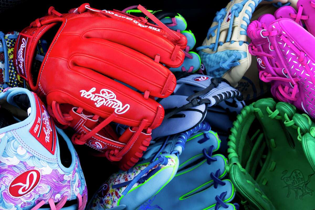 Rawlings gloves are seen during workouts for pitchers and catchers at CACTI Park of the Palm Beaches in West Palm Beach, Thursday, Feb. 12, 2026.