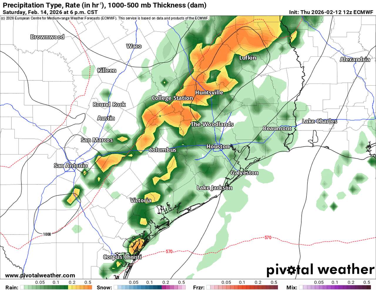 This image of Southeast Texas shows where storms are expected to be Saturday at 6 p.m.