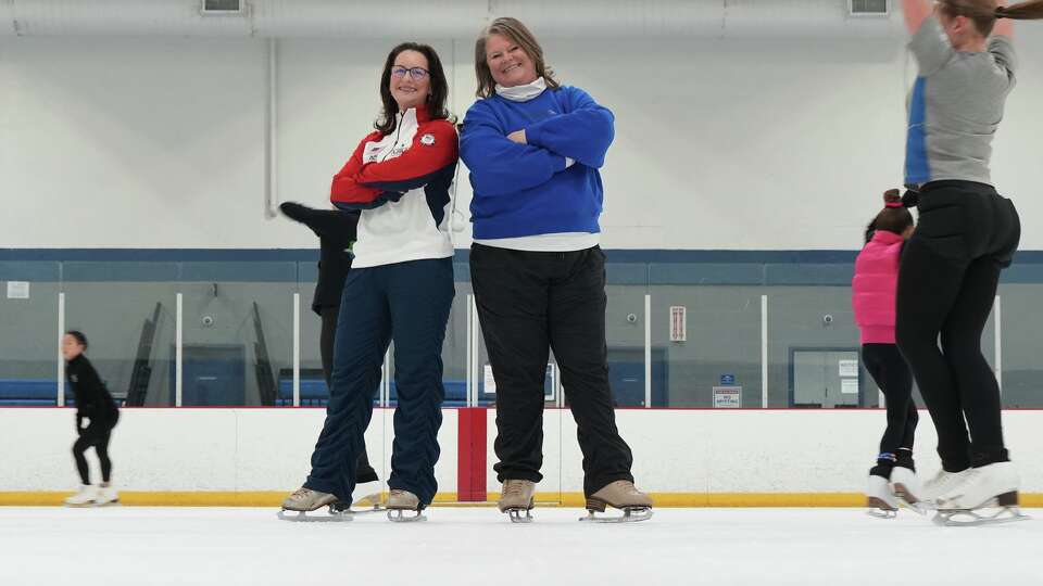 Nicole Nichols, left, and Karla Atwood at Bellerive Ice Center in Houston on Wednesday, Feb. 11, 2026. The two bonded while coaching Olympian Emily Chan early in her career.