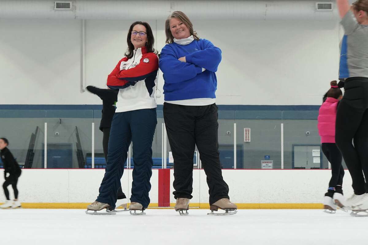 Nicole Nichols, left, and Karla Atwood at Bellerive Ice Center in Houston on Wednesday, Feb. 11, 2026. The two bonded while coaching Olympian Emily Chan early in her career.