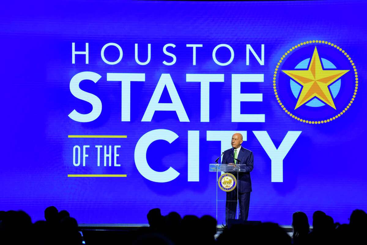 Houston Mayor John Whitmire addresses business leaders and city officials during the State of the City address at the Hilton Americas-Houston luncheon, updating the community on public safety, infrastructure and quality of life priorities in Houston, Thursday, Feb. 12, 2026.