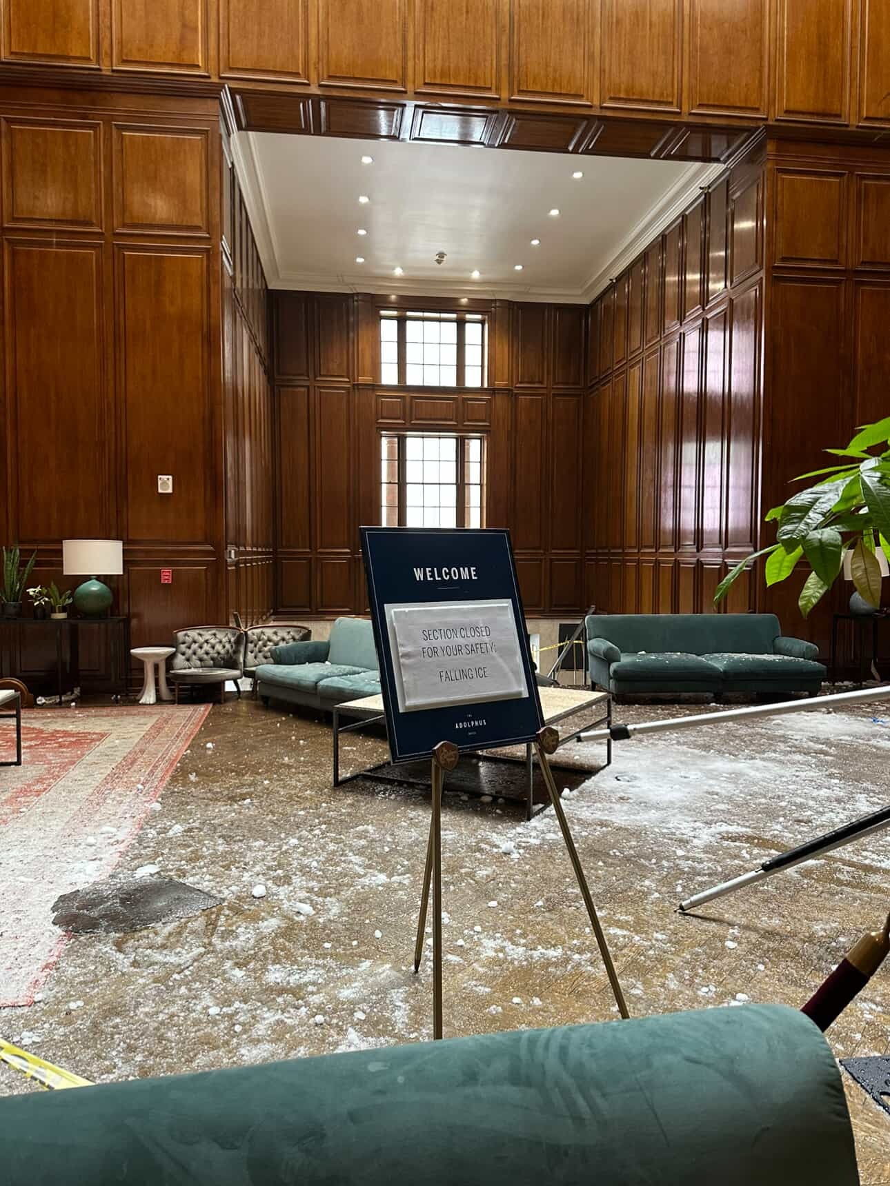 Ice sheets fall through The Adolphus' glass atrium