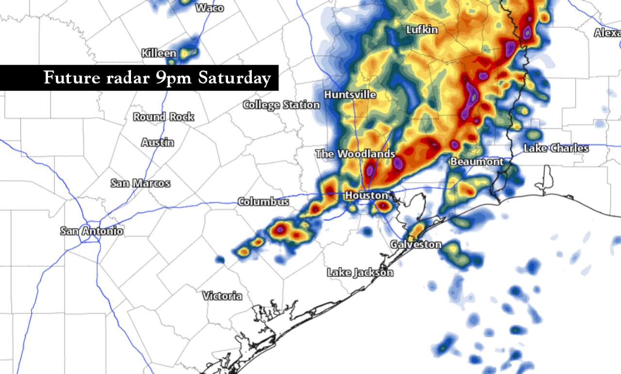 Future radar shows Southeast Texas Saturday evening as a line of potentially strong storms approaches Houston.