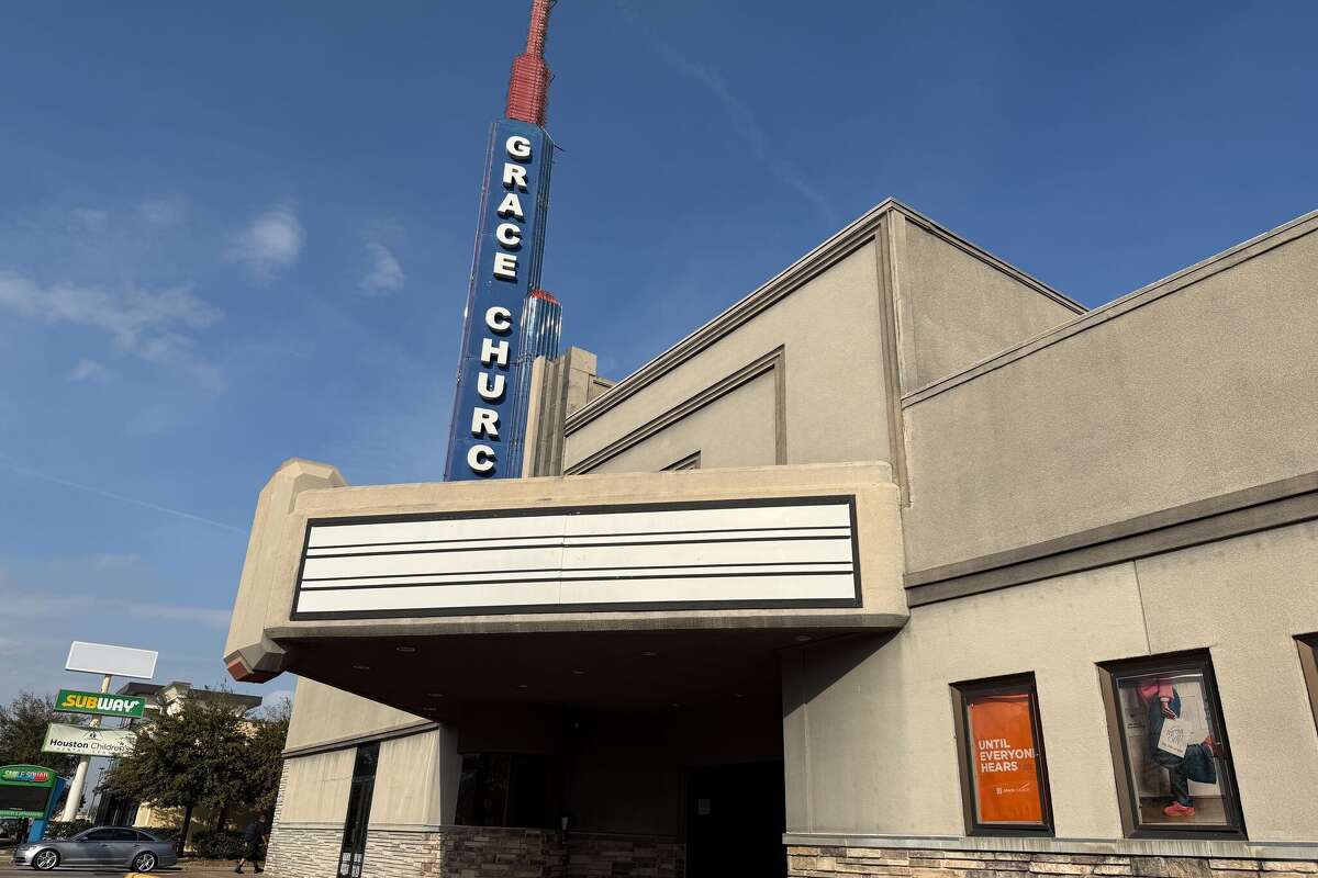 The exterior of the Garden Oaks Theater in Houston on Feb. 13, 2026. The building was recently owned and operated by Grace Church. With its sale to a developer, the nearly 80-year-old theater's future is in doubt.