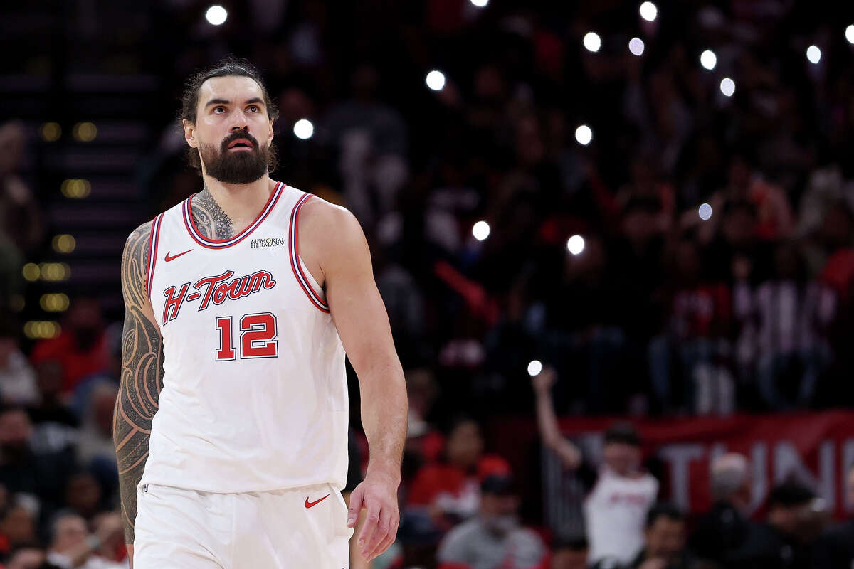 Steven Adams #12 of the Houston Rockets reacts in the second half against the New Orleans Pelicans at Toyota Center on January 18, 2026 in Houston, Texas. 