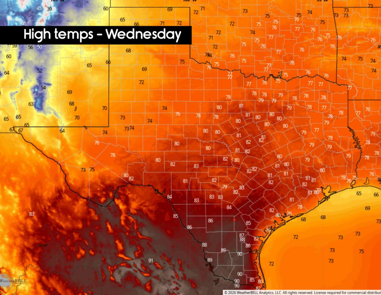 A warming trend is expected this week in Texas. Shown are the potential high temps across the state on Wednesday. 