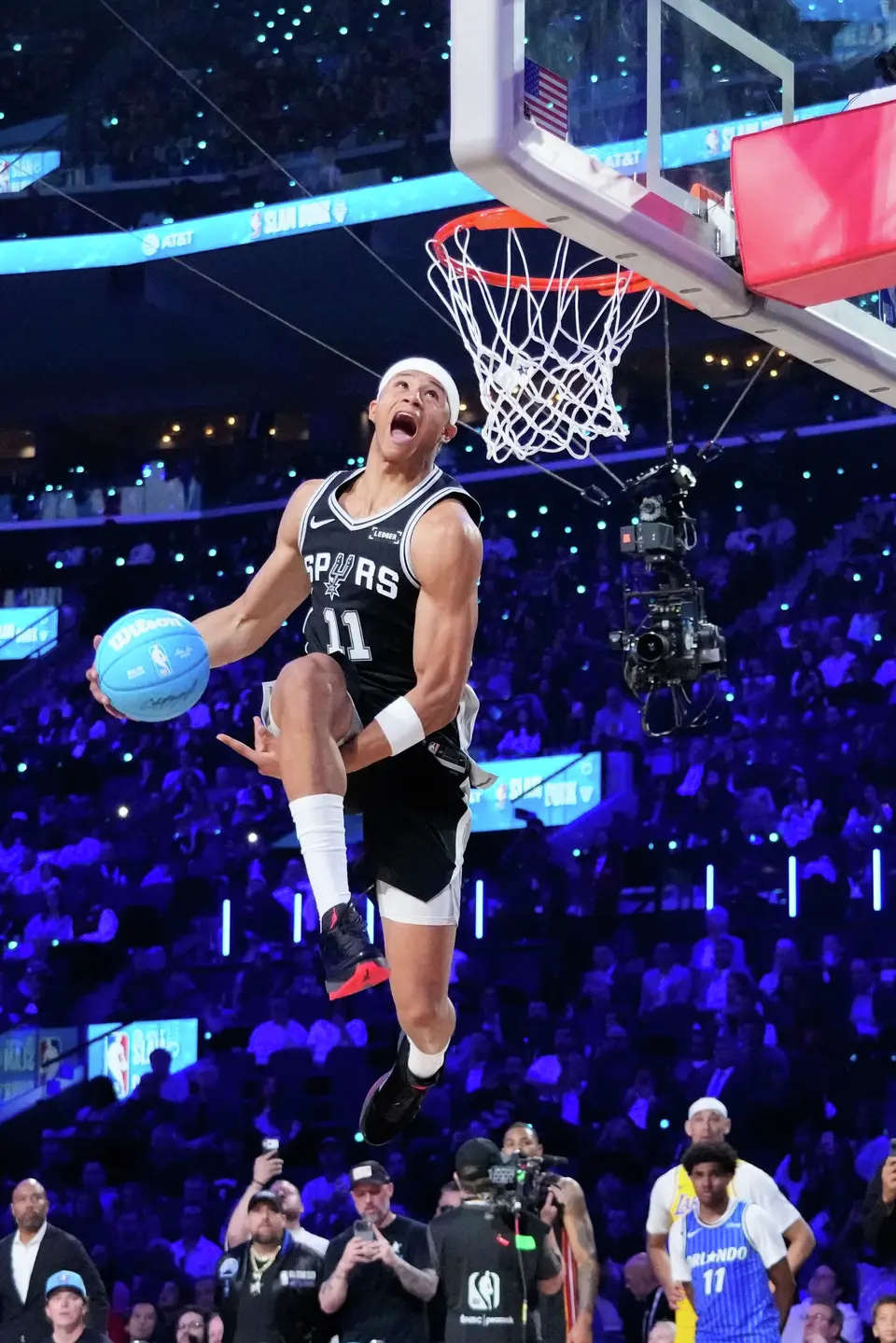 San Antonio Spurs forward Carter Bryant dunks during the slam dunk contest at the NBA basketball All-Star weekend festivities Saturday, Feb. 14, 2026, in Inglewood, Calif. (AP Photo/Mark J. Terrill)