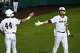 Texas State infeider Tanner Carson (29) and outfielder Jackson Cotton (44) celebrate a score during the game against Niagara University at Bobcat Ballpark on Saturday, February. 14, 2026 in San Marcos, Texas.