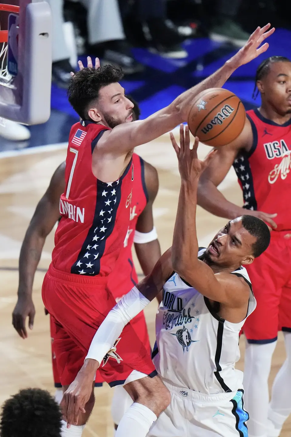 World center Victor Wembanyama, of France, is defended by USA Stars center Chet Holmgren (7) during the NBA All-Star basketball game Sunday, Feb. 15, 2026, in Inglewood, Calif. (AP Photo/Jae C. Hong)