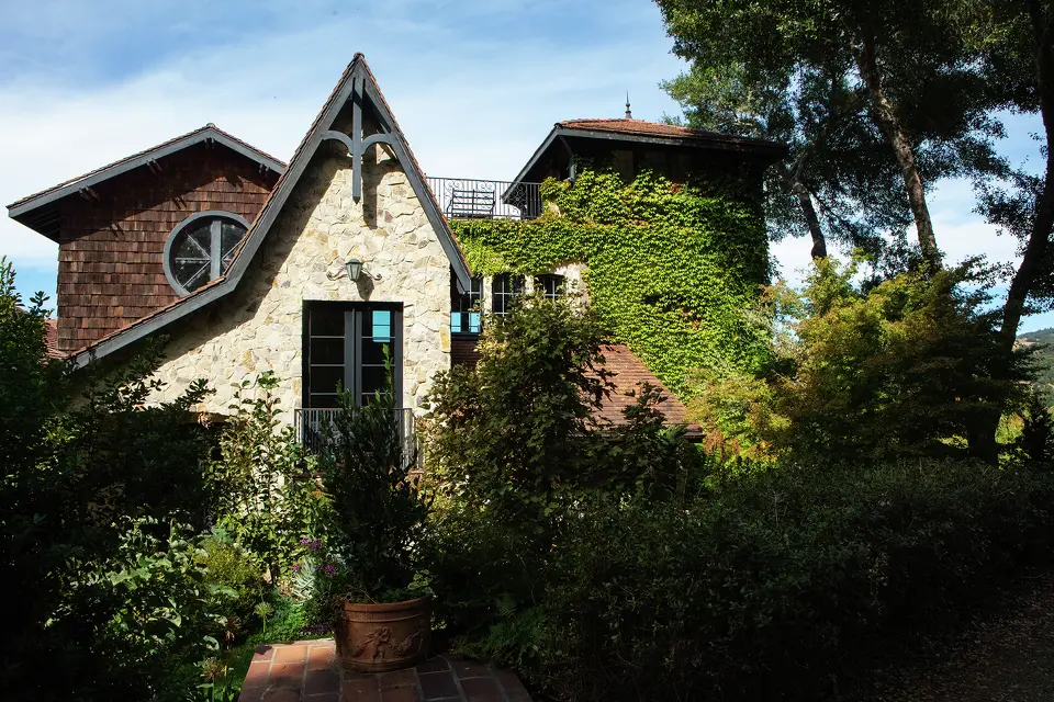 Jim Roberts’ stone home in Mendocino next to his Sugar Hill Farms, where his garden of rare cannabis covers the surrounding hillside.