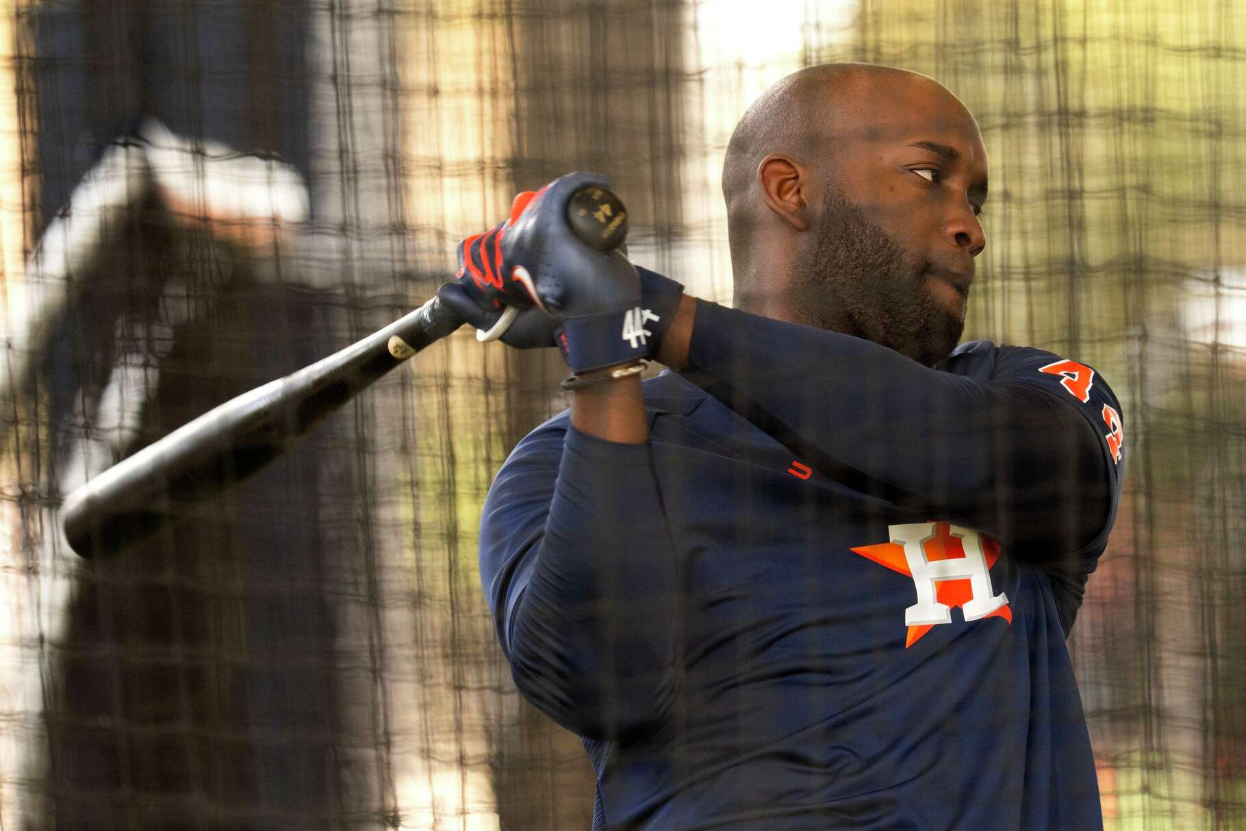 Houston Astros outfielder Yordan Alvarez (44) takes batting practice during Spring Training at CACTI Park of the Palm Beaches in West Palm Beach, Monday, Feb. 16, 2026.
