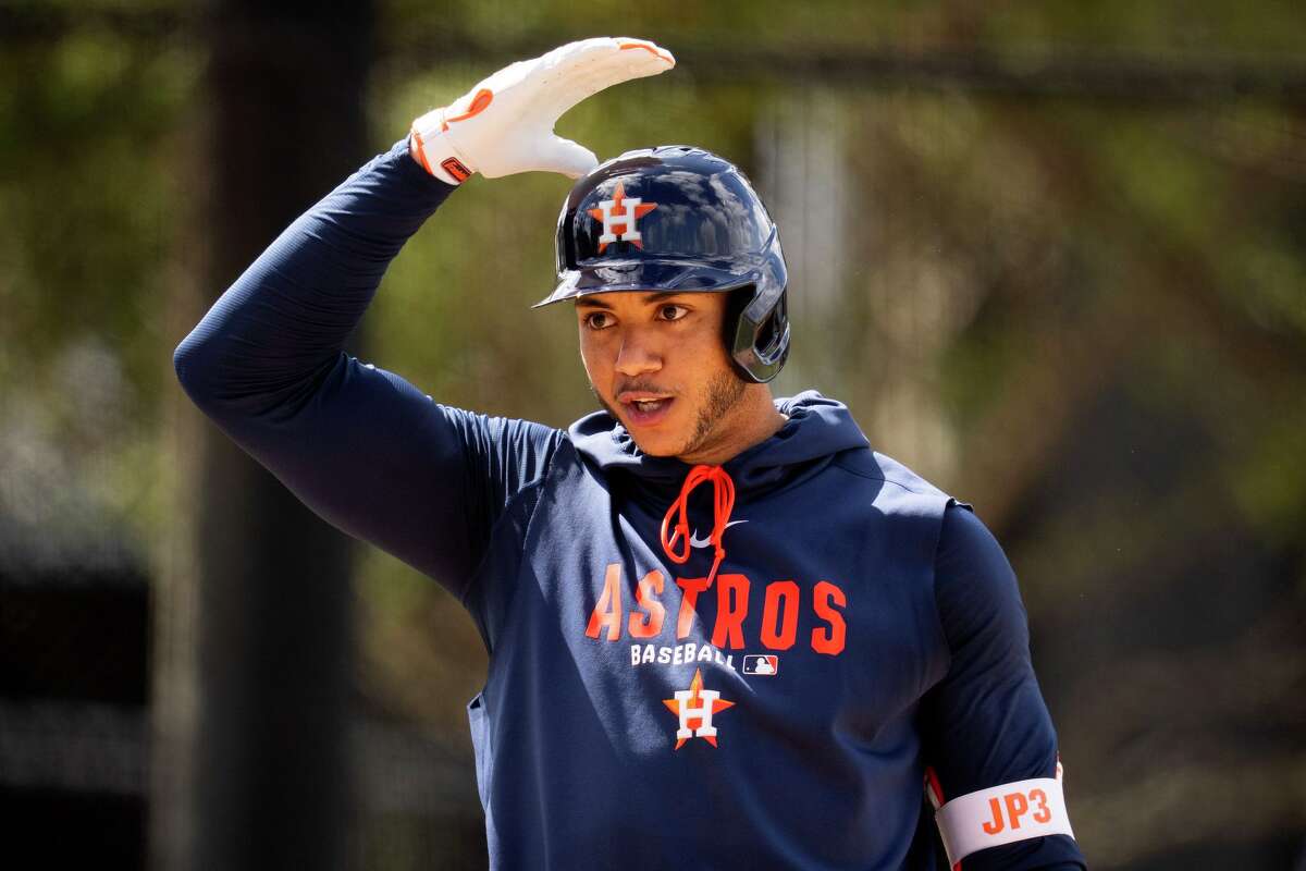 Houston Astros Jeremy Peña (3) signals to check the nearby video screen utilizing the Automated Ball-Strike challenge system during Spring Training at CACTI Park of the Palm Beaches in West Palm Beach, Tuesday, Feb. 17, 2026.
