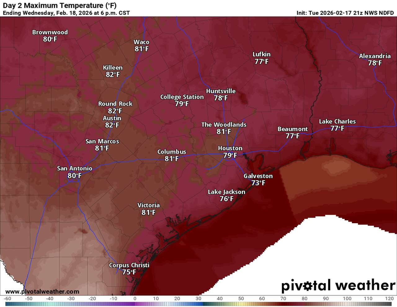 This map of Southeast Texas shows forecast highs Wednesday.