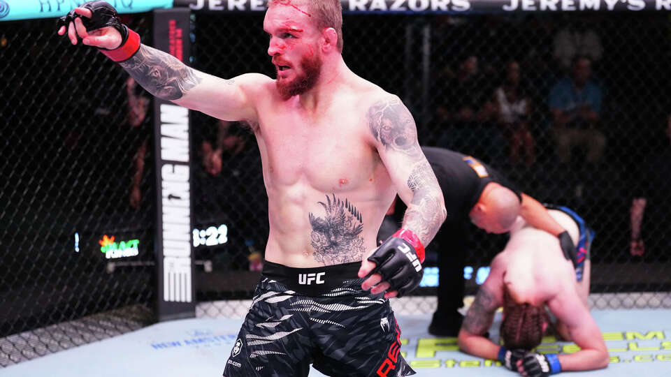 Zach Reese reacts after a victory against Jackson McVey in a 195-pound catchweight fight during the UFC Fight Night event at UFC APEX on November 8, 2025 in Las Vegas, Nevada.