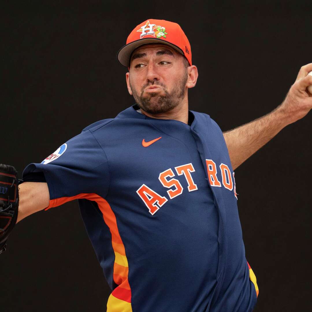 Houston Astros pitcher Colton Gordon (61) delivers during Spring Training media day at CACTI Park of the Palm Beaches in West Palm Beach, Wednesday, Feb. 18, 2026.