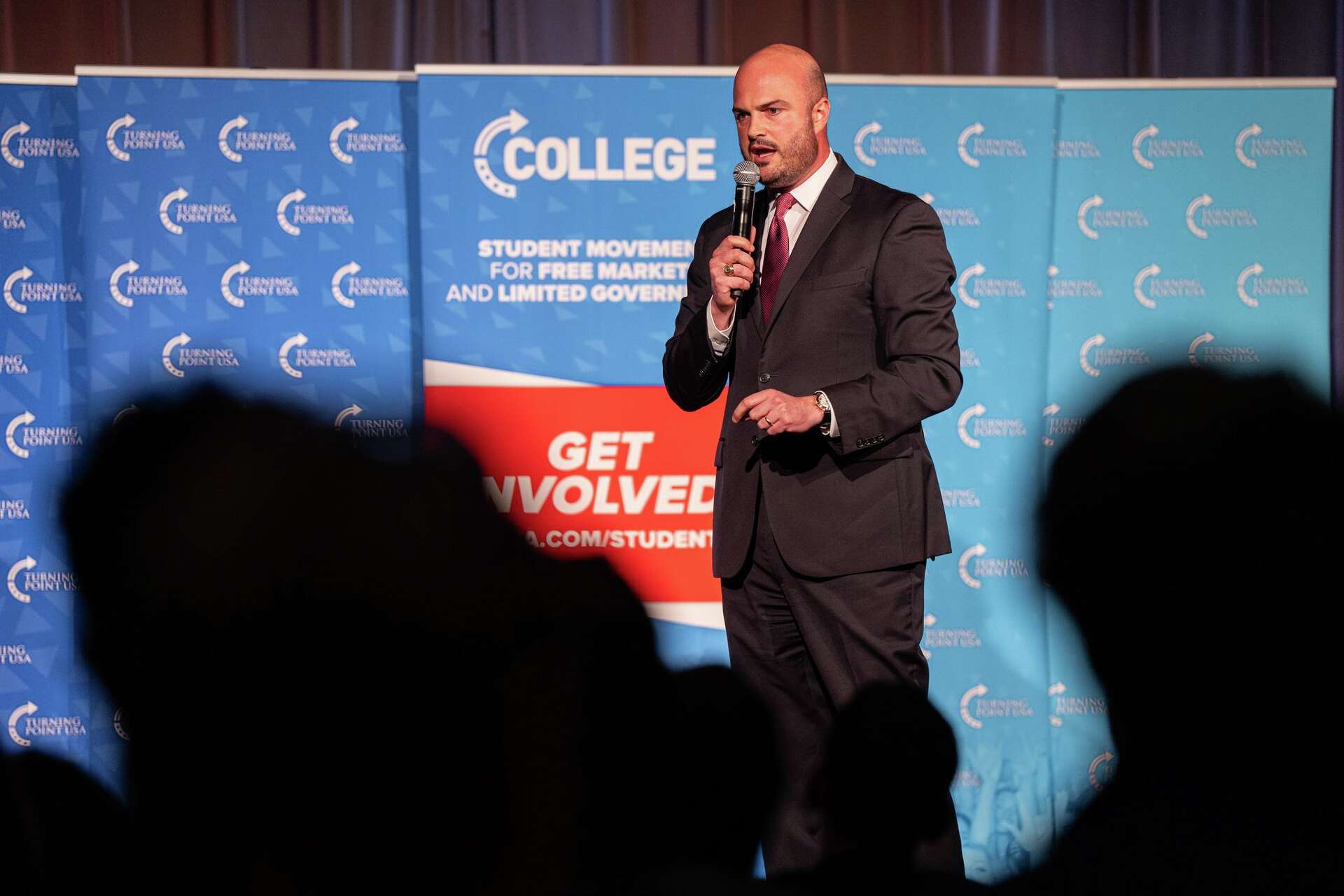 Texas Attorney General candidate Aaron Reitz speaks at an event hosted by the University of Texas chapter of Turning Point USA on campus in Austin, Monday, Nov.