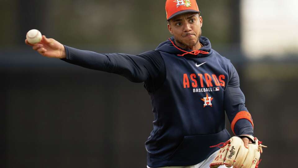 Houston Astros Jeremy Peña (3) throws to first during Spring Training at CACTI Park of the Palm Beaches in West Palm Beach, Thursday, Feb. 19, 2026.