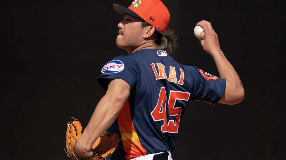 Houston Astros pitcher Tatsuya Imai (45) delivers during Spring Training at CACTI Park of the Palm Beaches in West Palm Beach, Tuesday, Feb. 17, 2026.