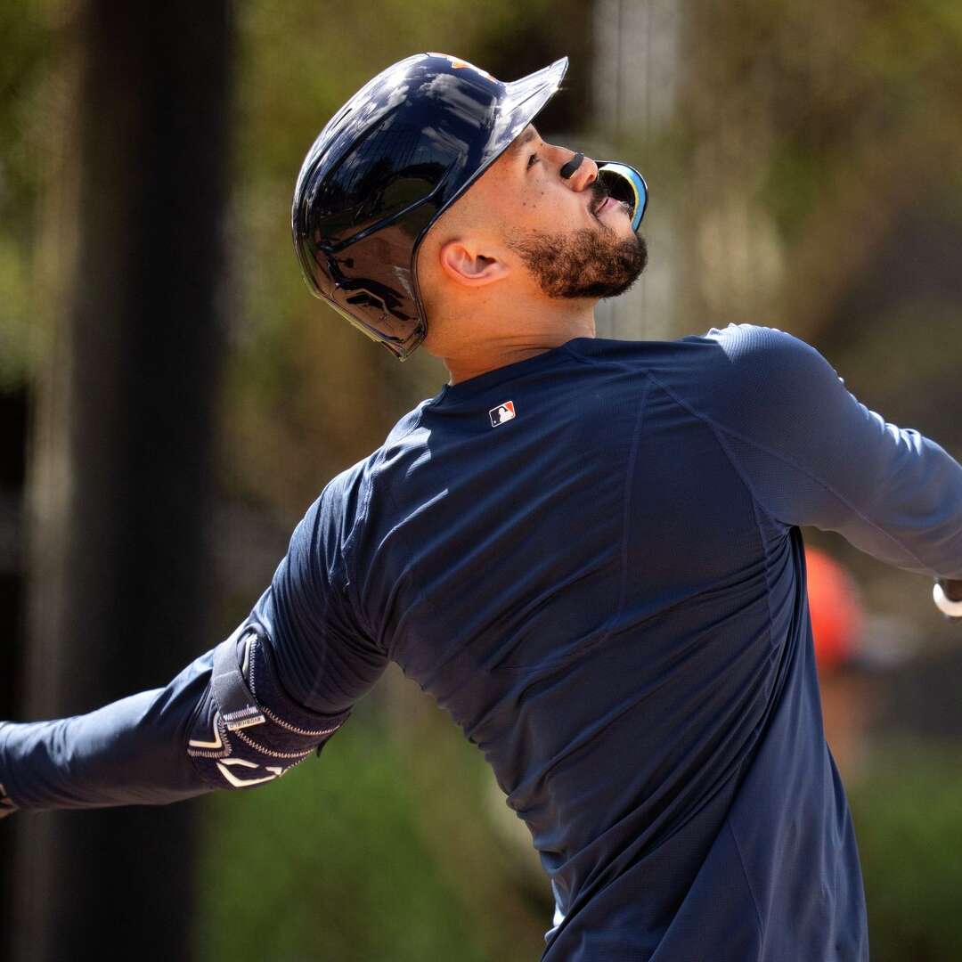 Houston Astros infielder Carlos Correa (1) bats during Spring Training at CACTI Park of the Palm Beaches in West Palm Beach, Tuesday, Feb. 17, 2026.