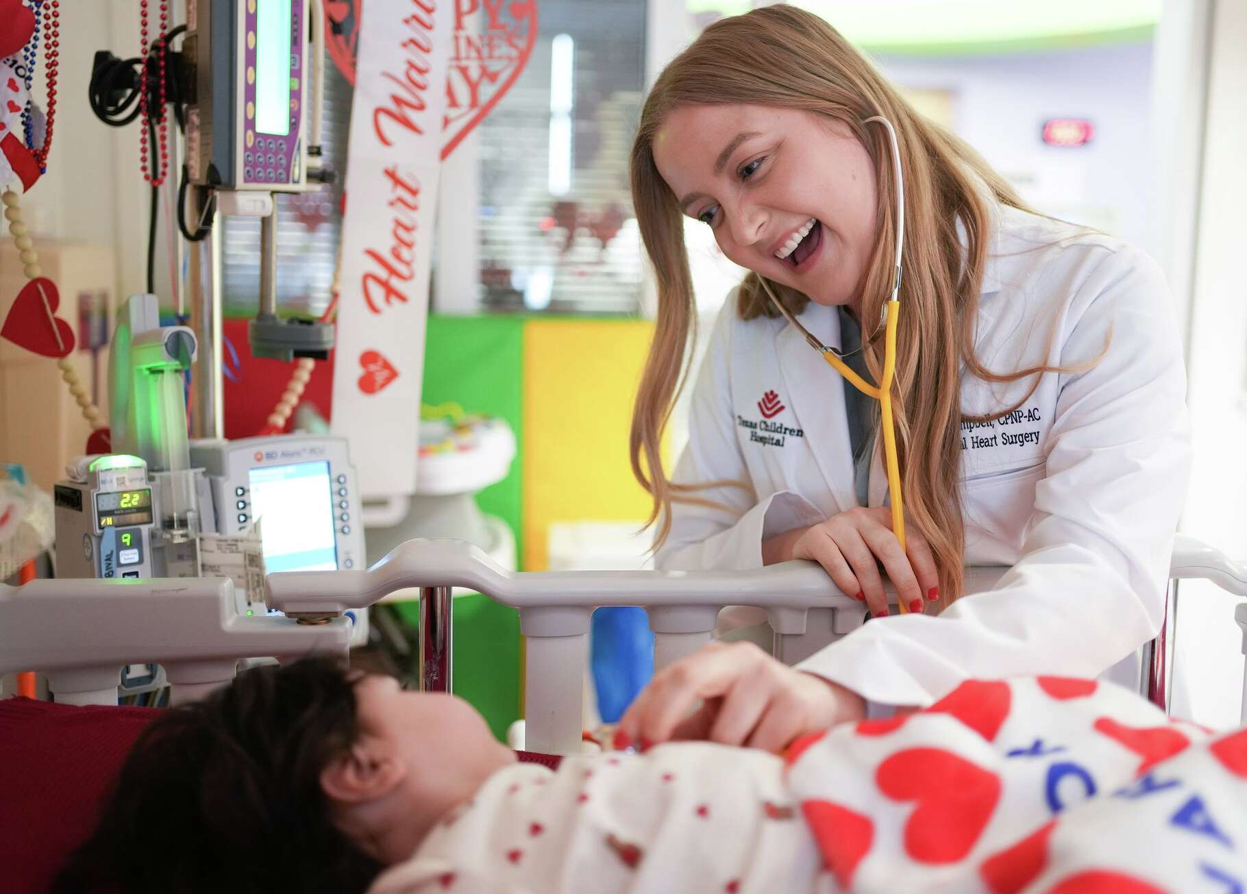 Nurse Practitioner Aubrey Campbell checks on her 8-month-old patient Levi Rodriguez at Texas Children's Hospital in Houston on Thursday, Feb. 19, 2026.