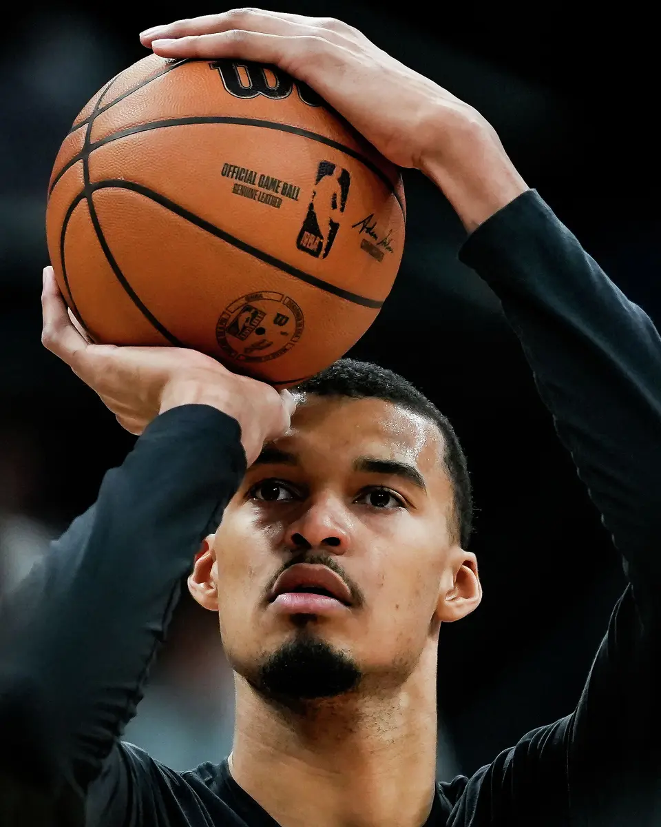 San Antonio Spurs forward Victor Wembanyama (1) warms up ahead the Spurs’ game against the Suns on Thursday night, Feb. 19, 2026 in the first of two “I-35 Series” games in Austin at the Moody Center.