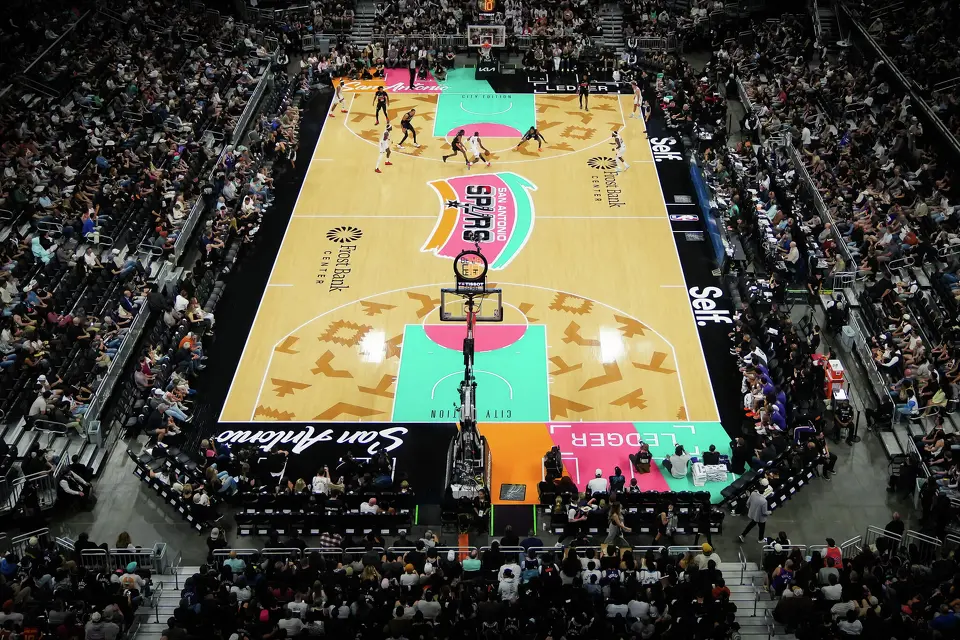 The San Antonio Spurs play the Phoenix Suns in the third quarter as the Spurs take on the Suns on Thursday night, Feb. 19, 2026 in the first of two “I-35 Series” games in Austin at the Moody Center. The Spurs won the game 121-94.