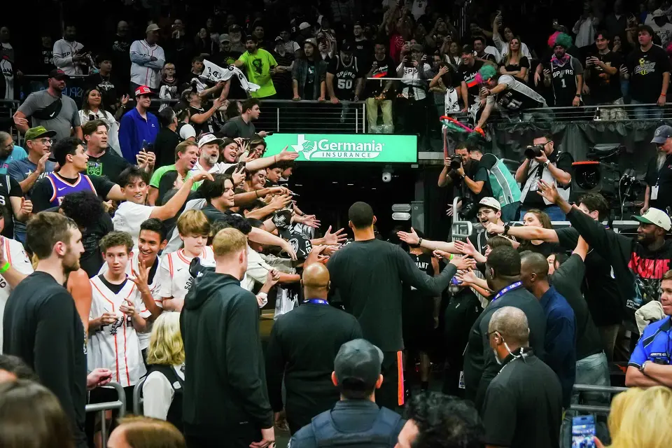 San Antonio Spurs forward Victor Wembanyama (1) heads to the locker room after the Spurs 121-94 win over the Phoenix Suns on Thursday night, Feb. 19, 2026 in the first of two “I-35 Series” games in Austin at the Moody Center.