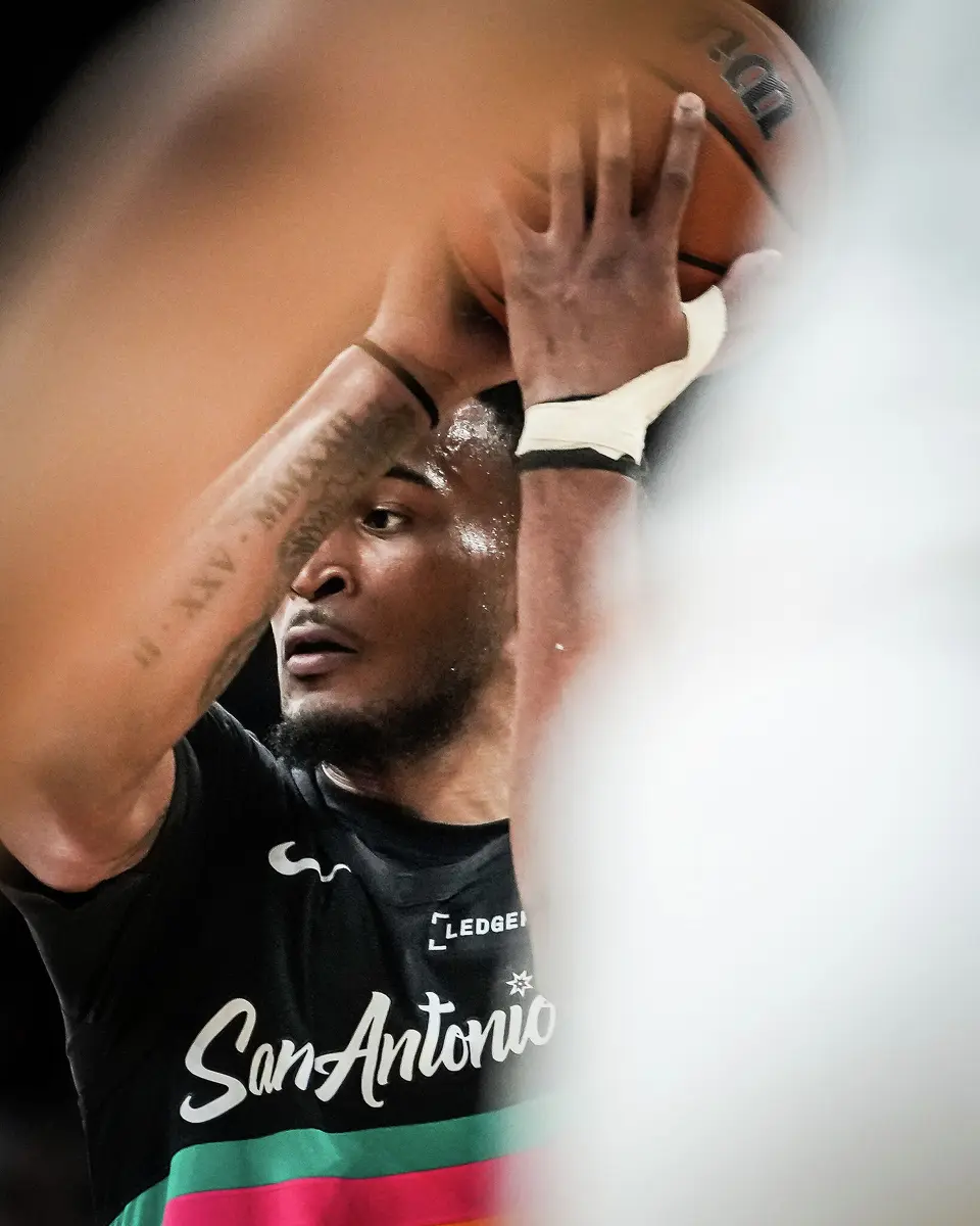 San Antonio Spurs guard Stephon Castle (5) waits for a play to set up in the second quarter as the Spurs take on the Suns on Thursday night, Feb. 19, 2026 in the first of two “I-35 Series” games in Austin at the Moody Center. The Spurs won the game 121-94.