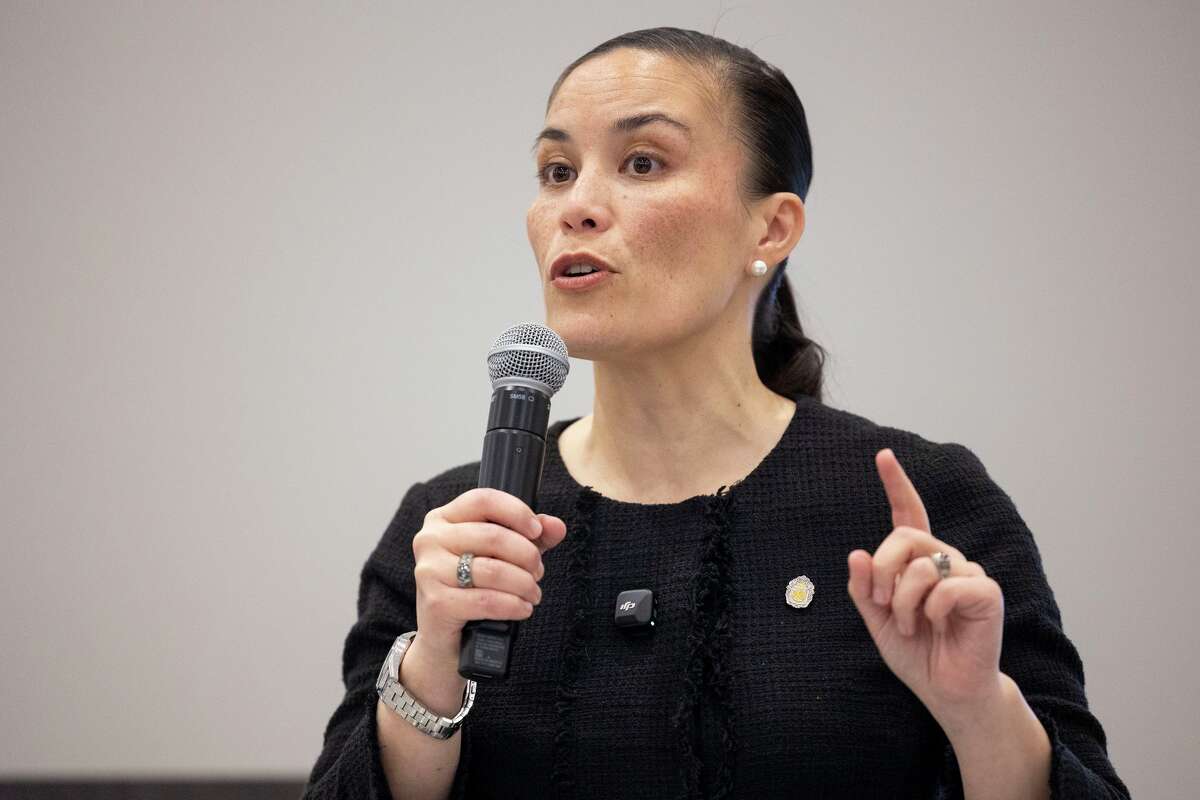 Mayor Gina Ortiz Jones speaks during a community town hall held at the Wheatley Heights Sports Complex in City Council District 2 of San Antonio on Thursday, Feb. 19, 2026.