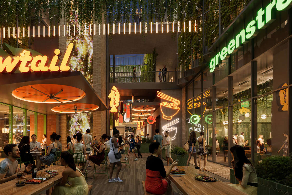 A rendering of an outdoor patio in the redeveloped GreenStreet development. 