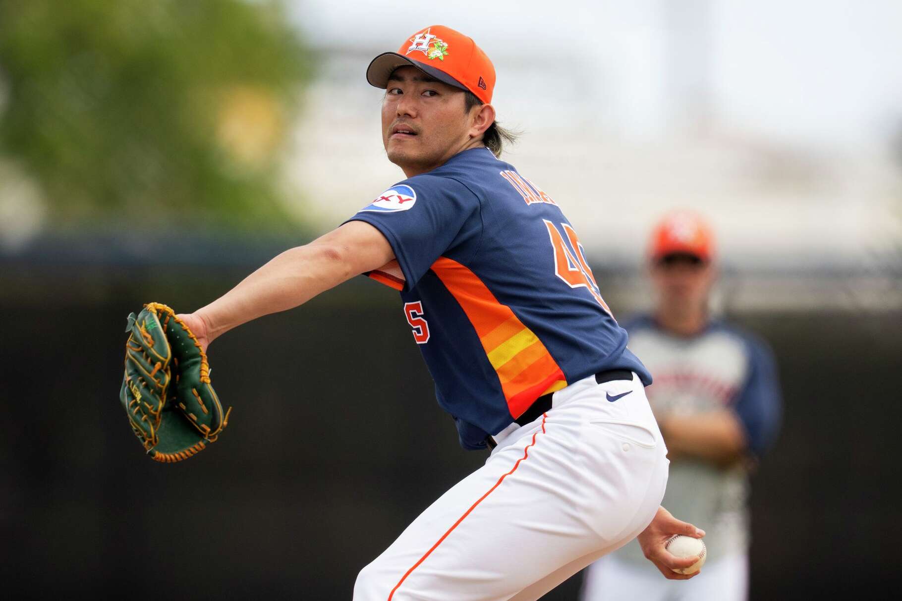 Houston Astros pitcher Tatsuya Imai (45) delivers during Spring Training at CACTI Park of the Palm Beaches in West Palm Beach, Friday, Feb. 20, 2026.