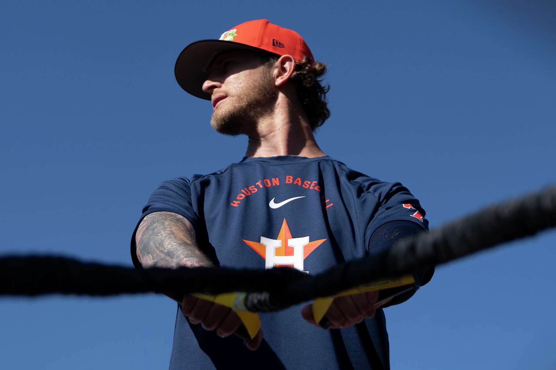 Houston Astros pitcher Josh Hader (71) stretches during Spring Training at CACTI Park of the Palm Beaches in West Palm Beach, Friday, Feb. 20, 2026.