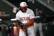 Texas Longhorns pitcher Ruger Riojas (13) celebrates a third out during the game against Michigan State at UFCU Disch-Falk Field on Friday, Feb. 20, 2026 in Austin.