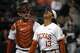 Texas Longhorns pitcher Ruger Riojas (13) reacts to a third out during the game against Michigan State at UFCU Disch-Falk Field on Friday, Feb. 20, 2026 in Austin.