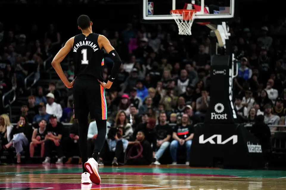 San Antonio Spurs forward Victor Wembanyama (1) walks the court during the game against the Sacramento Kings at the Moody Center on Saturday, Feb. 21, 2026 in Austin.
