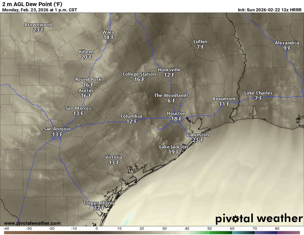 This map of Southeast Texas shows forecast dew points early Monday afternoon. Dew points are expected to briefly fall into the teens, while relative humidity levels fall into the teens in some inland locations.