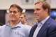 Dallas Mavericks minority owner Mark Cuban (left) and governor Patrick Dumont, remain during the a press conference officially introducing Dallas Mavericks first overall pick Cooper Flagg on Friday, June 27, 2025, at Mavericks Training Center in Dallas.