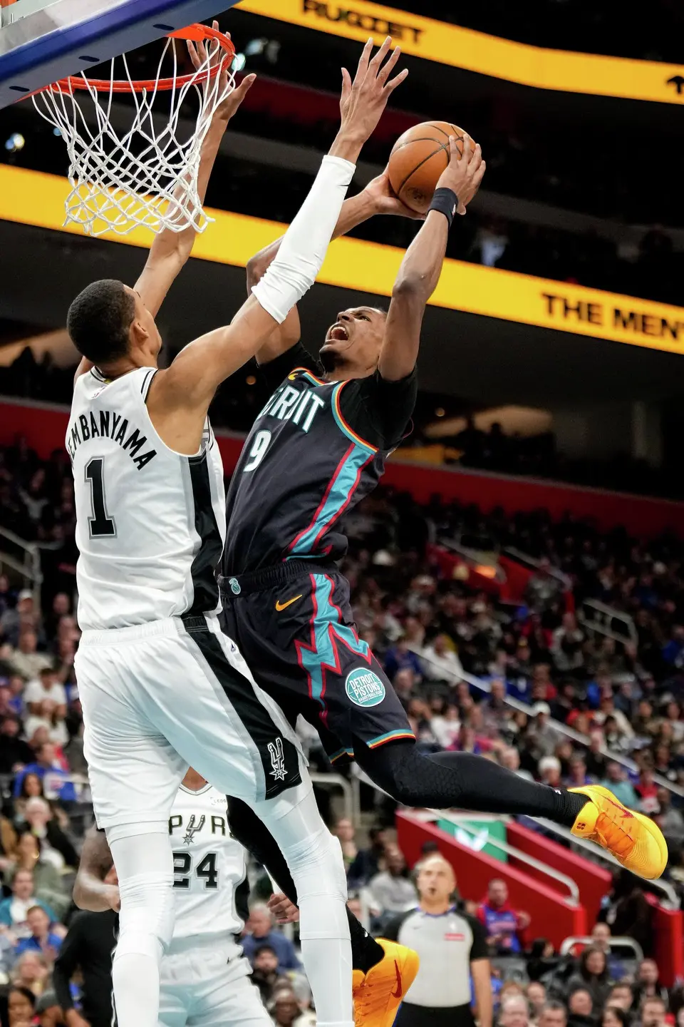Ausar Thompson (9) of the Detroit Pistons goes up for a shot against Victor Wembanyama (1) of the San Antonio Spurs during the second quarter at Little Caesars Arena on Monday, Feb. 23, 2026, in Detroit. (Nic Antaya/Getty Images/TNS)