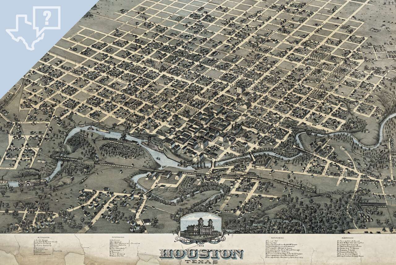 A 1873 map created by Augustus Koch shows a bird's-eye view of early Houston.