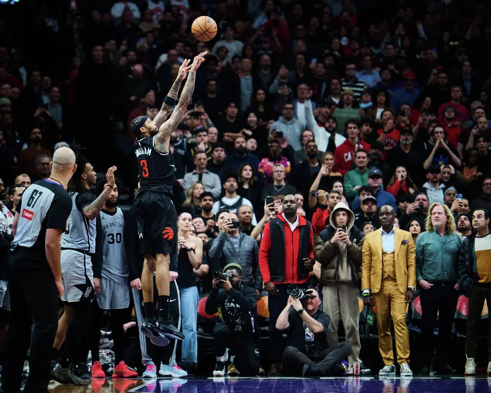 Toronto Raptors' Brandon Ingram (3) lines up the final shot of the game during the second half of an NBA basketball game against the San Antonio Spurs in Toronto, on Wednesday, Feb. 25, 2026. (Sammy Kogan/The Canadian Press via AP)
