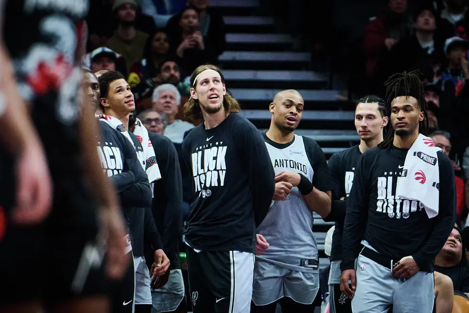 San Antonio Spurs' Kelly Olynyk looks on during the second half of an NBA basketball game against the Toronto Raptors in Toronto, on Wednesday, Feb. 25, 2026. (Sammy Kogan/The Canadian Press via AP)