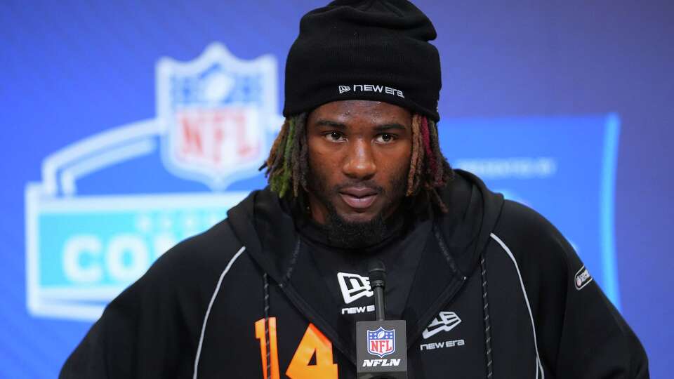 Texas A&M running back Le'Veon Moss speaks during a news conference at the NFL football scouting combine in Indianapolis, Friday, Feb. 27, 2026. (AP Photo/Julio Cortez)