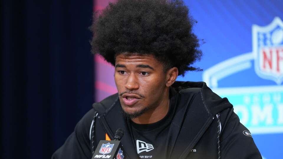 Texas A&M wide receiver KC Concepcion speaks during a news conference at the NFL football scouting combine in Indianapolis, Friday, Feb. 27, 2026. (AP Photo/Julio Cortez)