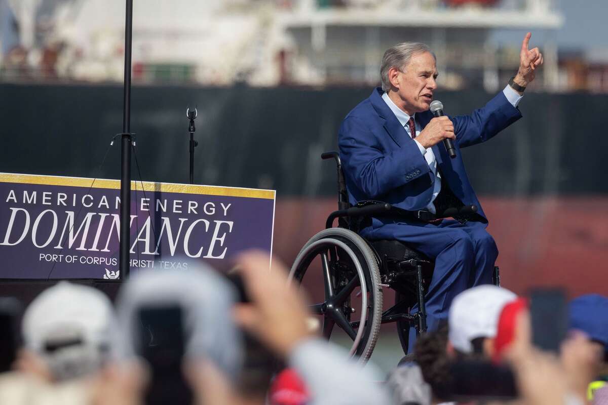 Texas Gov. Greg Abbott gives remarks prior to President Donald Trump's visit at the Port of Corpus Christi on Friday, Feb. 27, 2026.
