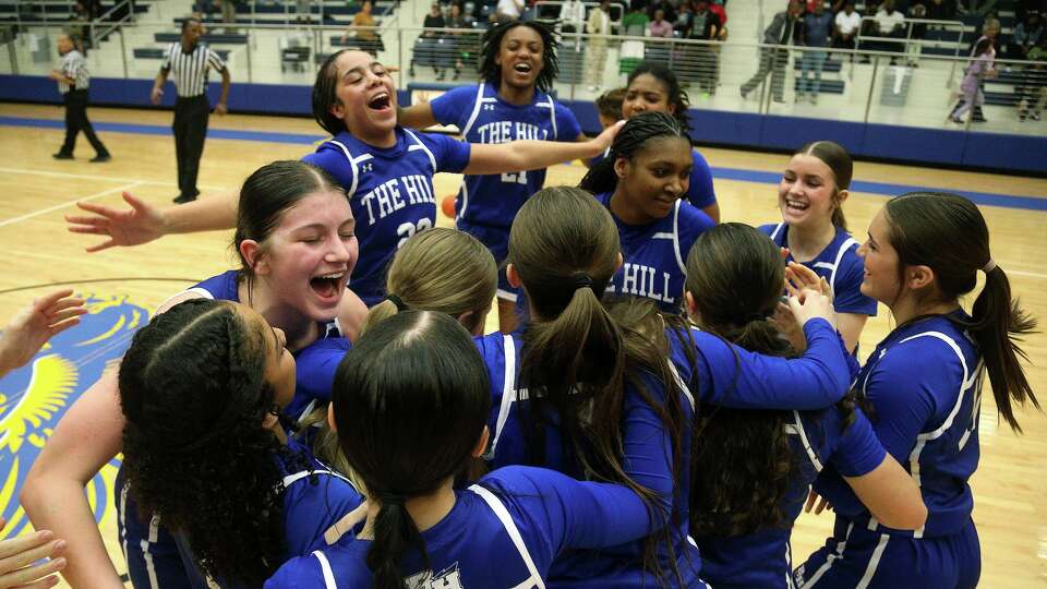 Barbers Hill celebrates after defeating Iowa Colony 62-52 during the UIL Girls Regional Finals basketball game held at the Neal Center on Friday, Feb. 27, 2026, in Channelview . ( J. Patric Schneider / For the Chronicle )